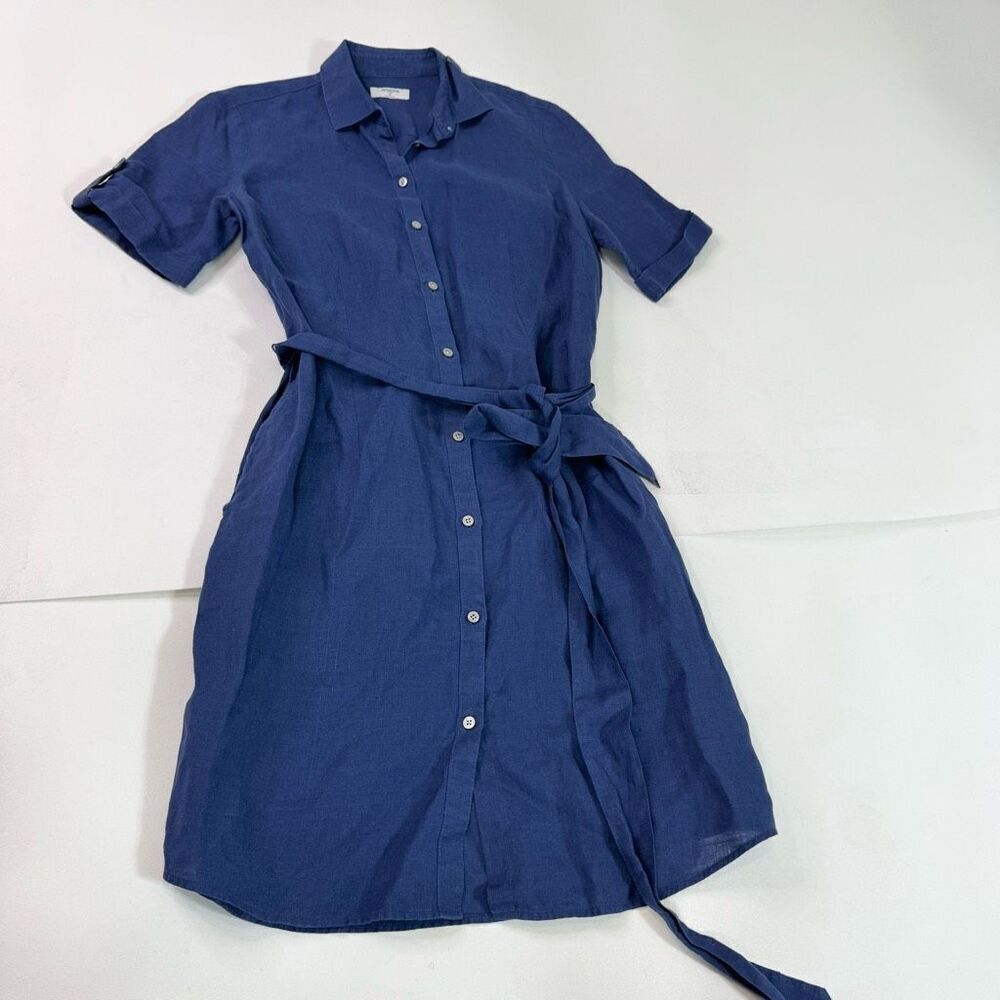 UNTUCKit Dress Womens 6 Blue Linen Blend Belted Button Front Short Sleeve